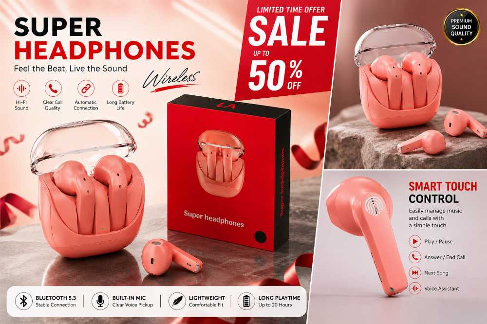 LA Super Headphones Wireless Bluetooth Earbuds with Charging Case | Hi-Fi Sound | Touch Control | Long Battery Life